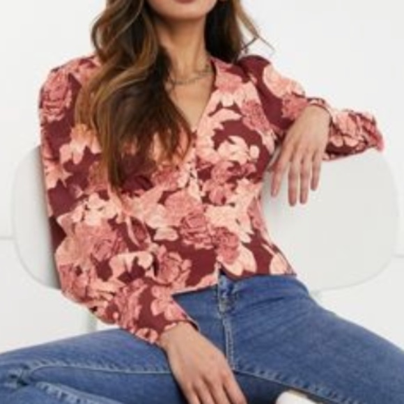 Glamorous Brown and Apricot Rose Floral Button Front Blouse Sz 4 - Picture 2 of 2